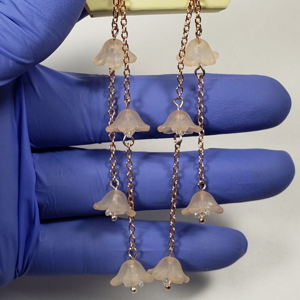 Rose Gold tone & Cream color Flower Crystal 3.5" Drop Dangle Earrings for Women - Picture 7 of 8